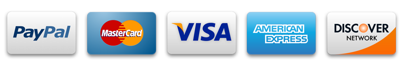 We accept PayPal, MasterCard, Visa, American Express and Discover.